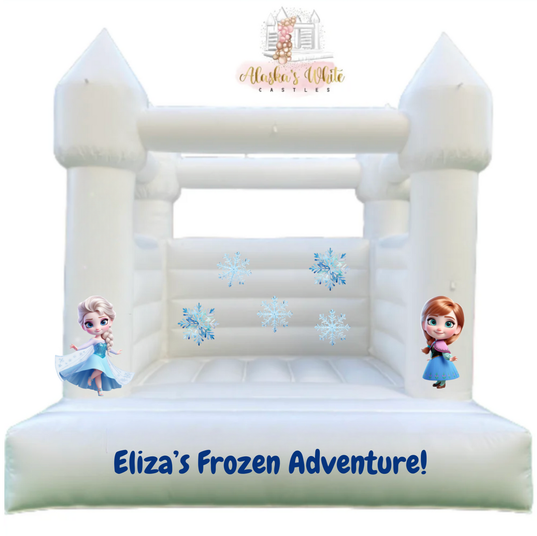 Frozen decal mockup with Elsa and Anna on the pillars of a white bouncy castle and an Eliza's Frozen Adventure front decal