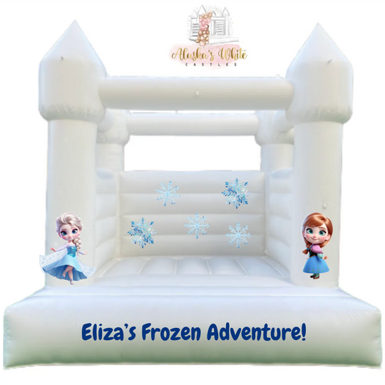 Frozen decal mockup with Elsa and Anna on the pillars of a white bouncy castle and an Eliza's Frozen Adventure front decal
