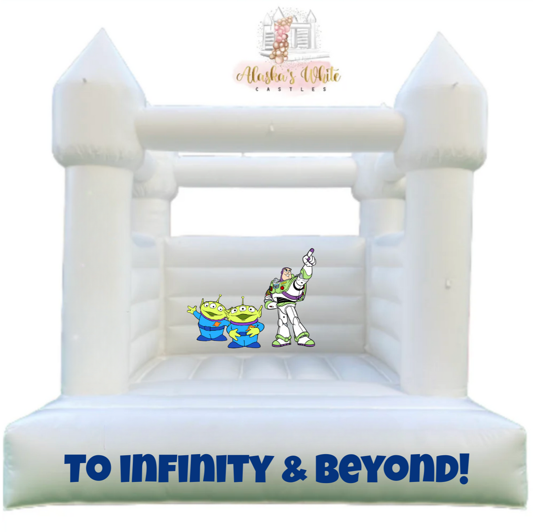 Toy Story decal mockup with Buzz Lightyear and two green aliens on a white bouncy castle and a To infinity and beyond decal
