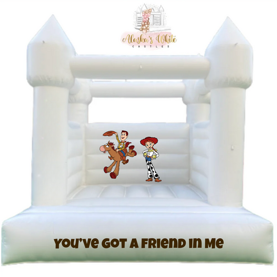 Toy Story decal mockup with Woody riding Bullseye and Jessie on a white bouncy castle and a You've got a friend in me decal