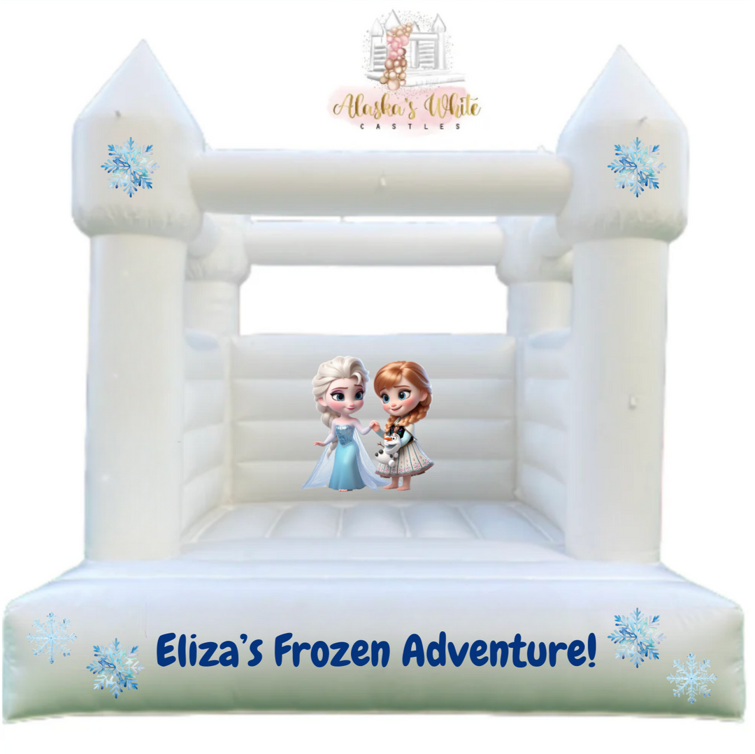 Frozen decal mockup with Elsa and Anna on the back wall of a white bouncy castle and an Eliza's Frozen Adventure decal