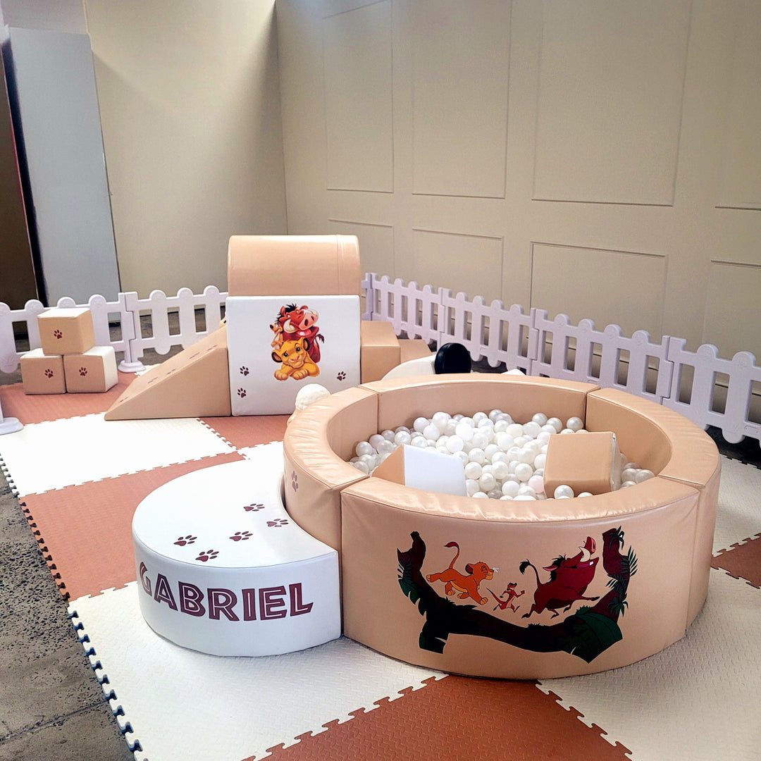 Lion King themed tan soft play with Simba and Pumbaa decals on the ball pit and ring tunnel, and a white step reading Gabriel