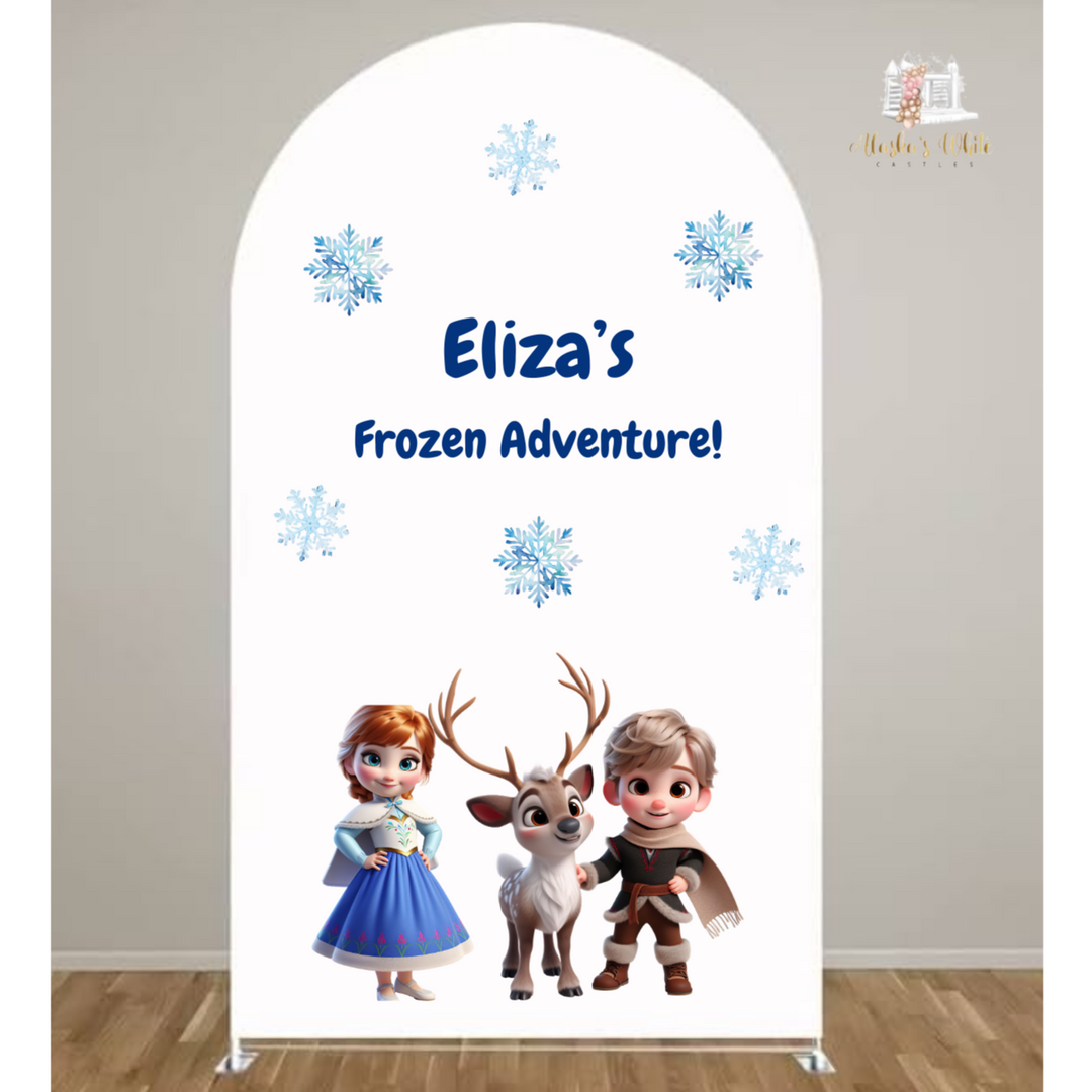 Frozen theme mockup of a white arch backdrop with Anna, Sven and Kristoff decals and an Eliza's Frozen Adventure heading