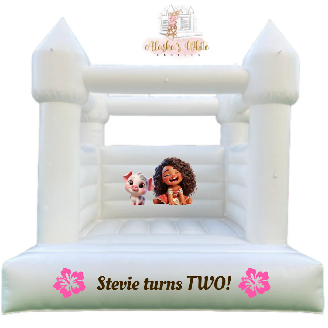 Moana decal mockup with baby Moana and Pua on the back wall of a white bouncy castle and a Stevie turns TWO front decal