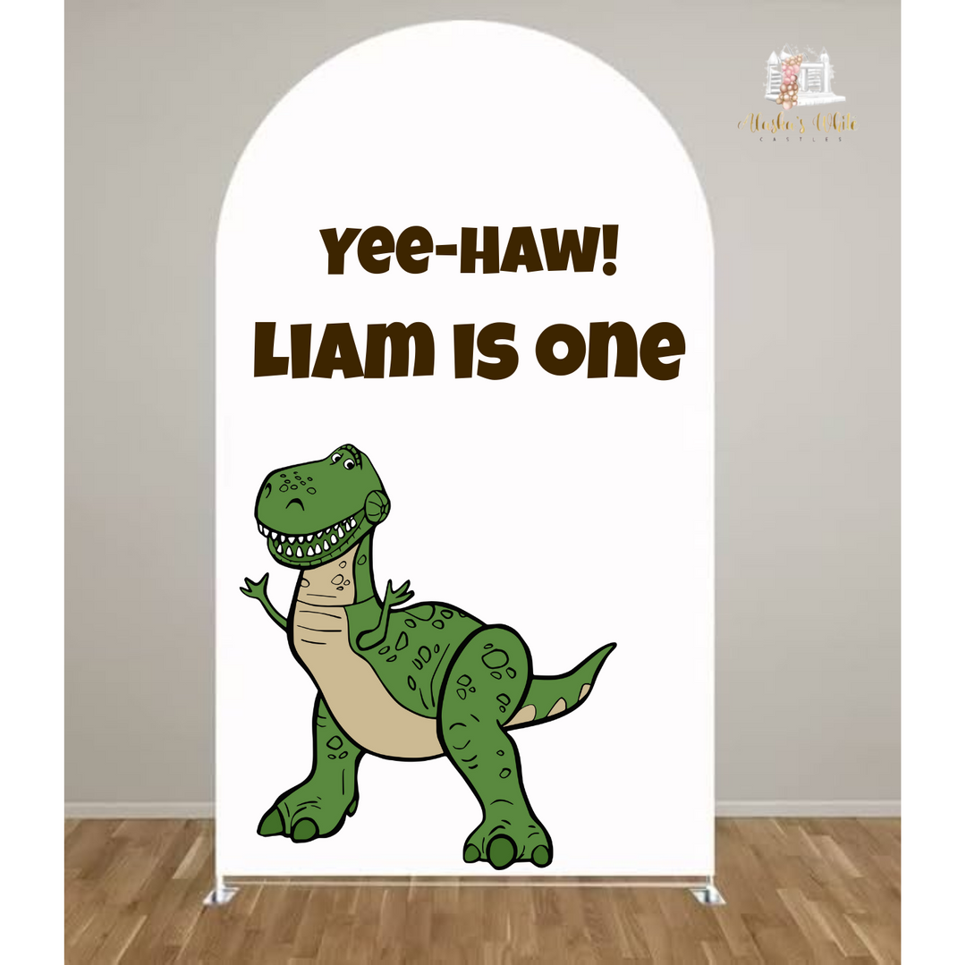 Toy Story mockup of a white arch backdrop with a Rex the dinosaur decal and a Yee-haw Liam is one heading