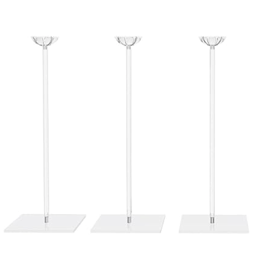 Three clear acrylic tabletop balloon stands with square bases shown on a plain white background