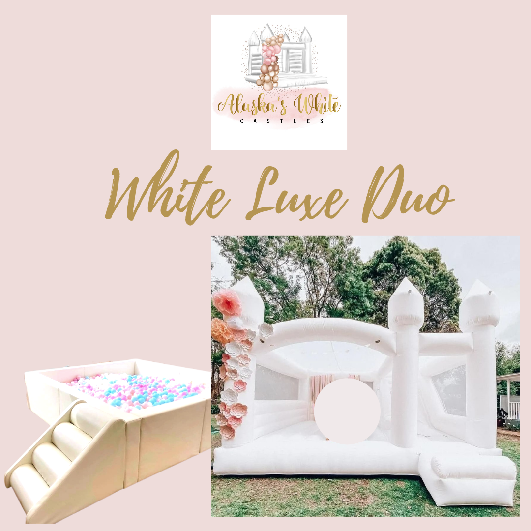 White Luxe Duo promo graphic with brand logo, a white castle with slide trimmed with paper flowers and a pastel ball pit