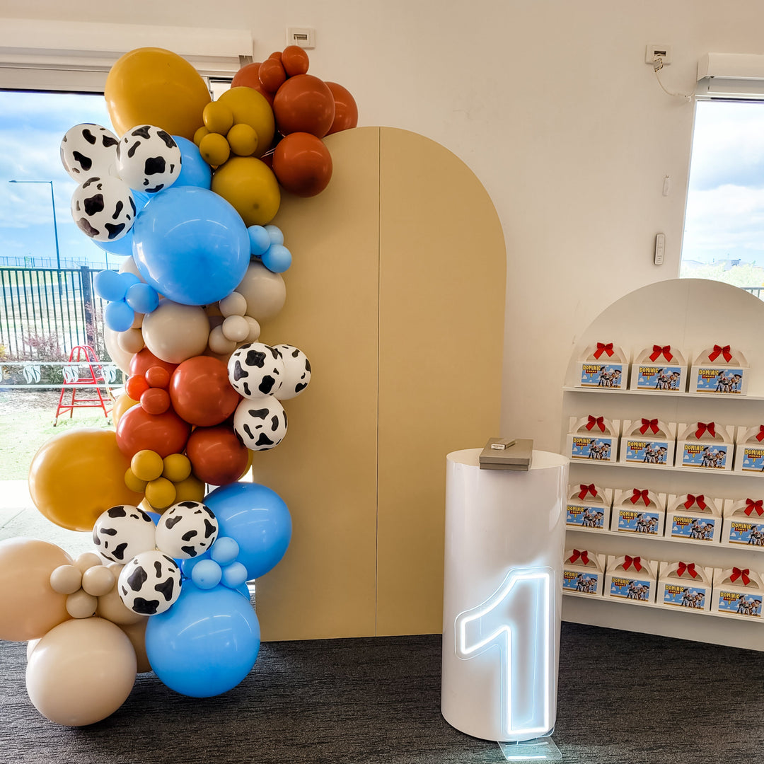 Woody balloon garland on a tan arch backdrop beside a neon number one plinth and shelves of Toy Story party boxes