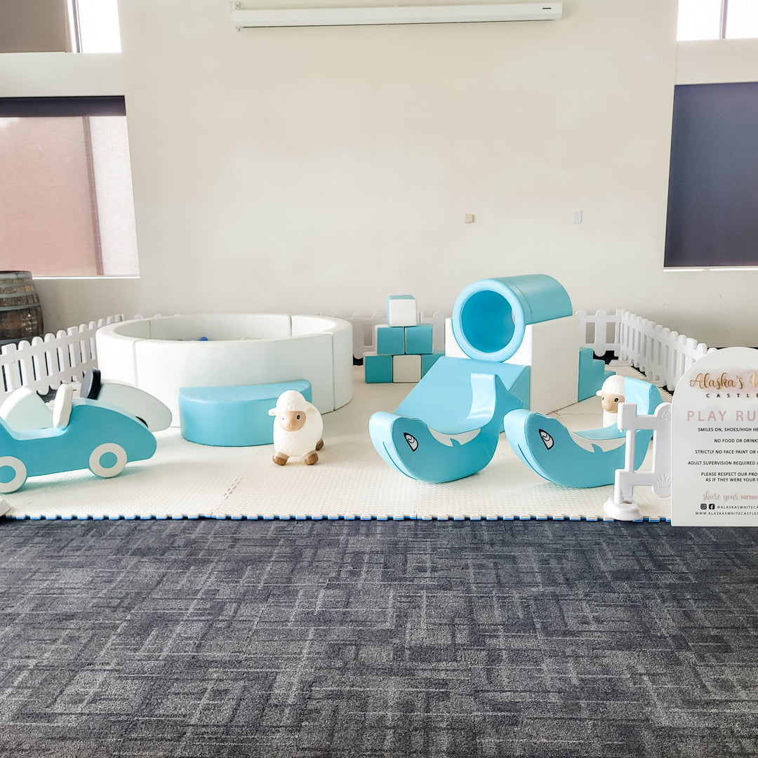 Baby blue soft play on cream mats with a foam car, sheep ride-on, dolphin rockers and ring tunnel, seen across a grey carpet