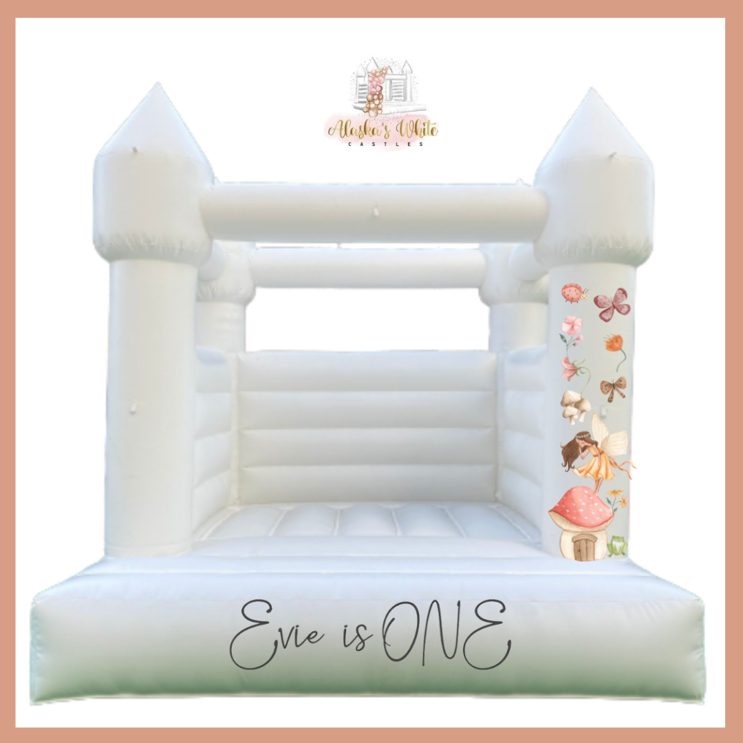 Fairy theme decals of a fairy on a toadstool, butterflies and flowers on a castle pillar with a name decal reading Evie is ONE