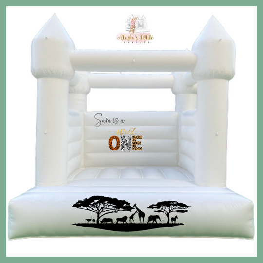 Wild One decal mockup with Sam is a Wild One in leopard and zebra letters and safari animal silhouettes on a white castle