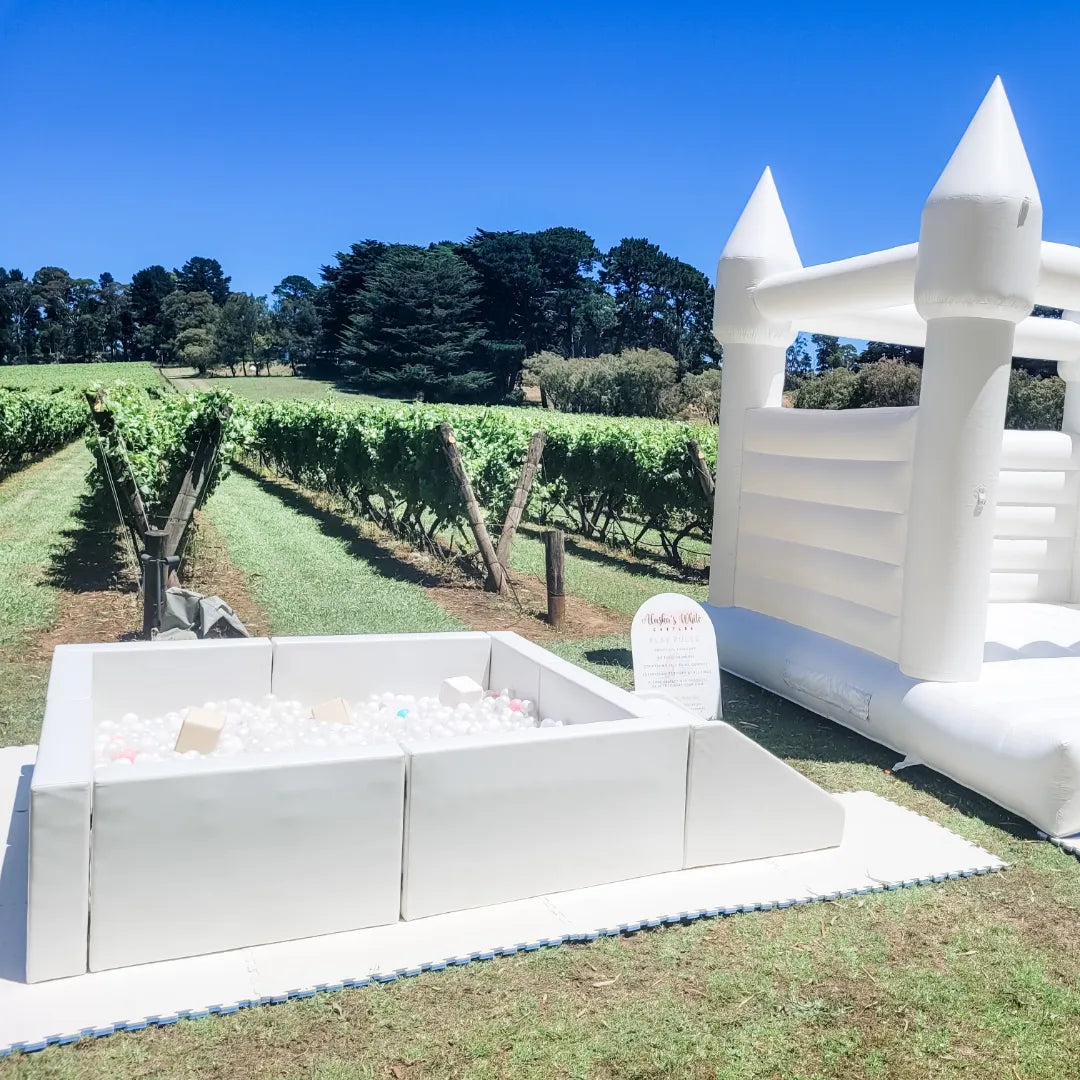 White ball pit of white, pearl and pink balls in front of the Alaska castle on a lawn with vineyard rows and gum trees behind