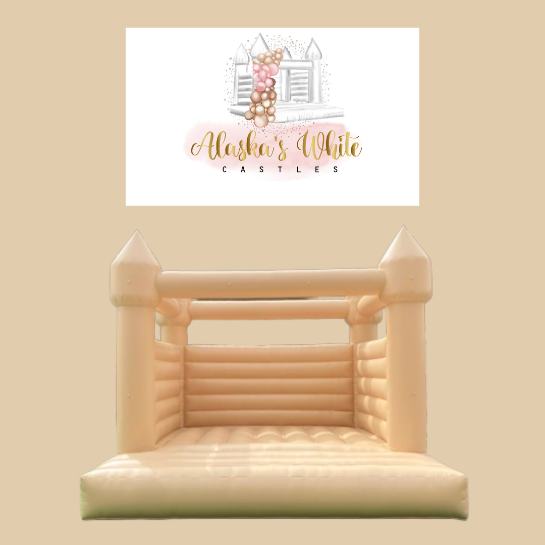 Tan bouncy castle cutout on a plain beige background with the Alaska's White Castles logo above it