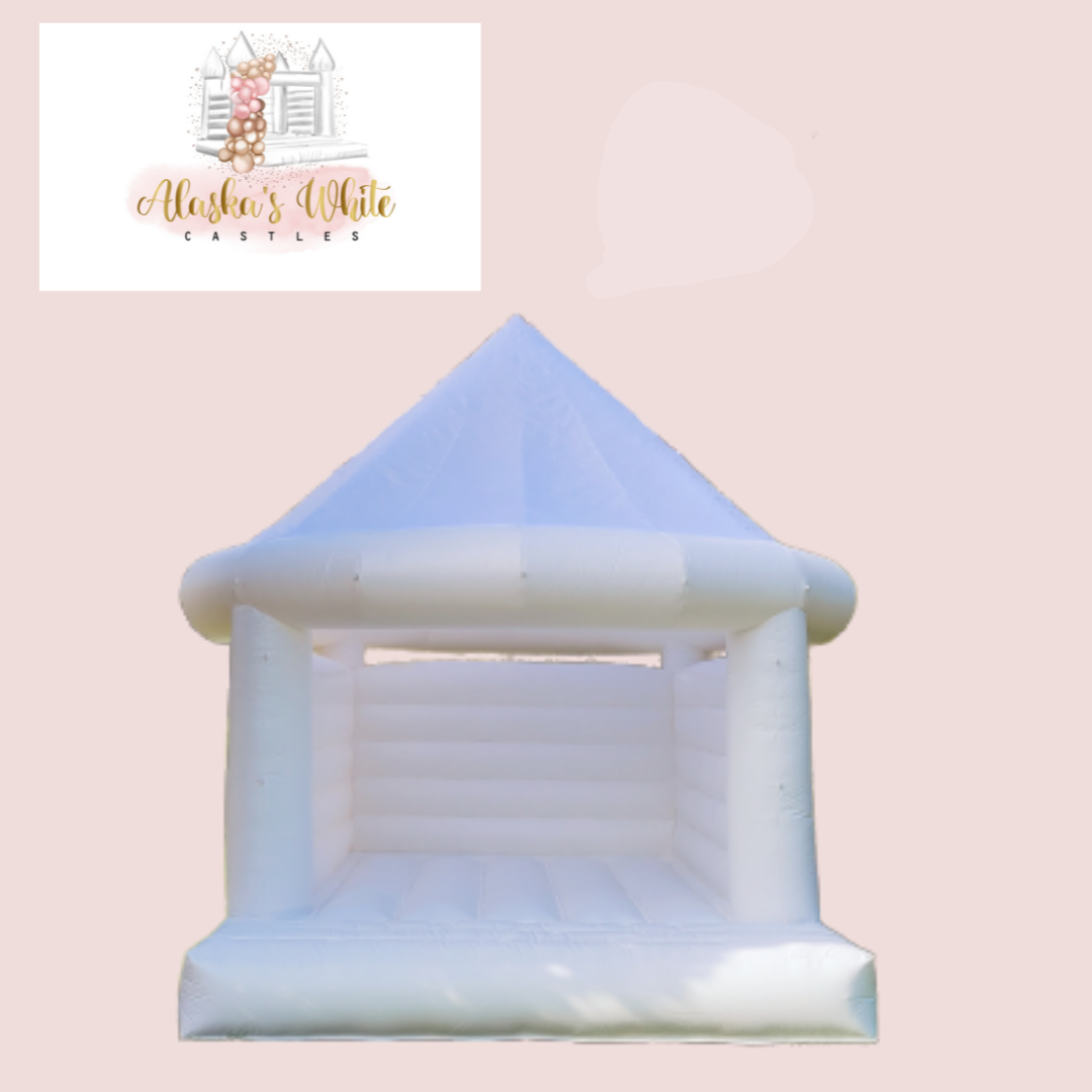 Dome white bouncy castle with a peaked roof shown on a pale pink background with the Alaska's White Castles logo