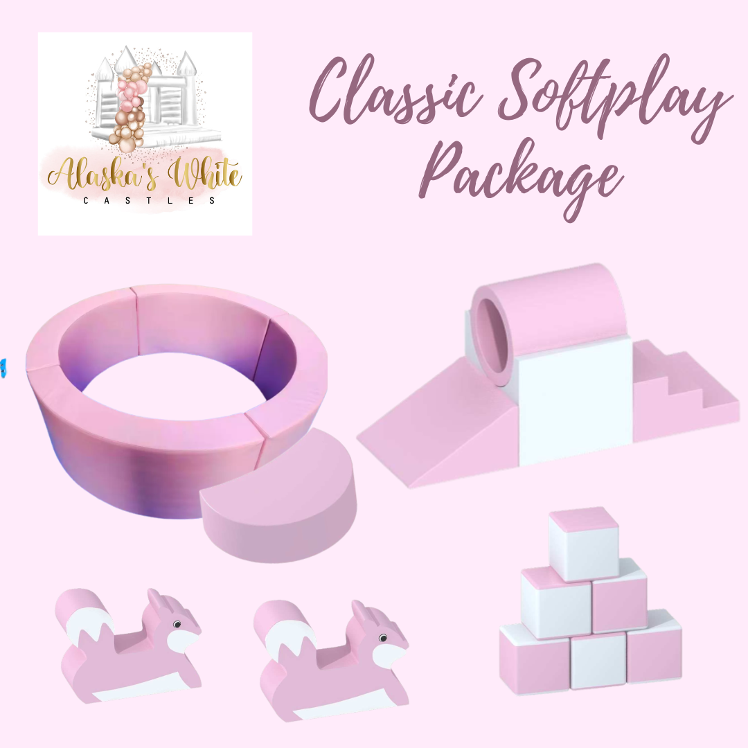 Classic softplay package promo graphic with cutouts of a pink ball pit, tunnel and slide set, rocking animals and blocks