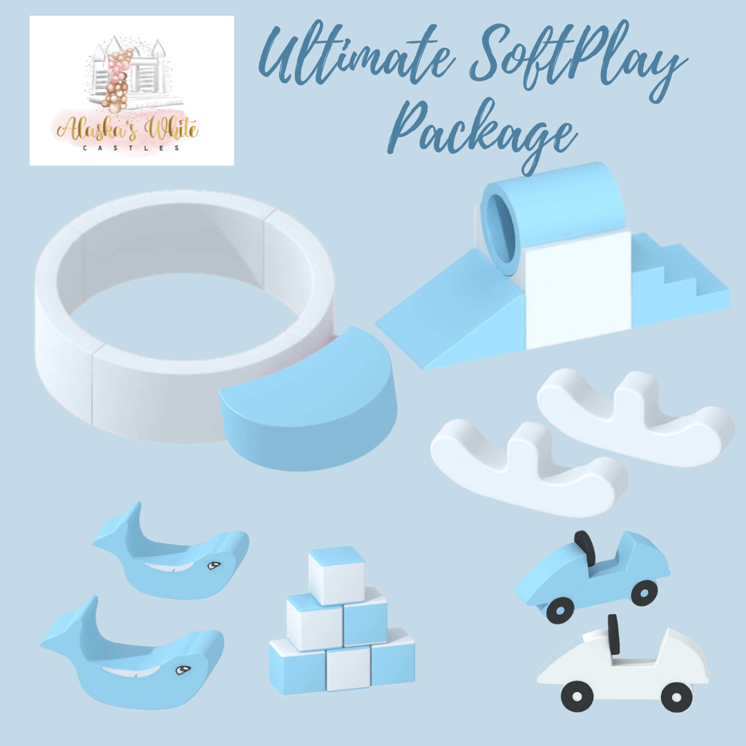 Ultimate soft play graphic with the baby blue ring tunnel and slide, round ball pit, dolphin rockers, foam cars and blocks
