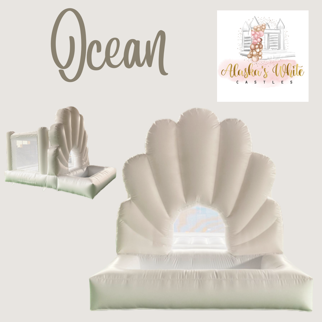 Ocean title graphic with the Alaska's White Castles logo and two cut-outs of the white shell shaped bouncy castle