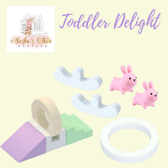 Toddler Delight graphic with a pastel ring tunnel and slide, white foam rockers, pink bunny hoppers and a round white ball pit