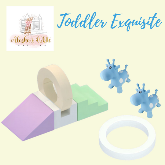 Toddler Exquisite graphic with a pastel ring tunnel and slide, two blue spotted animal hoppers and a white round ball pit