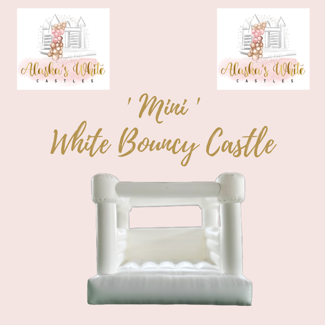 Mini White Bouncy Castle title graphic in gold script on blush pink with the Alaska's White Castles logo and a castle cut-out